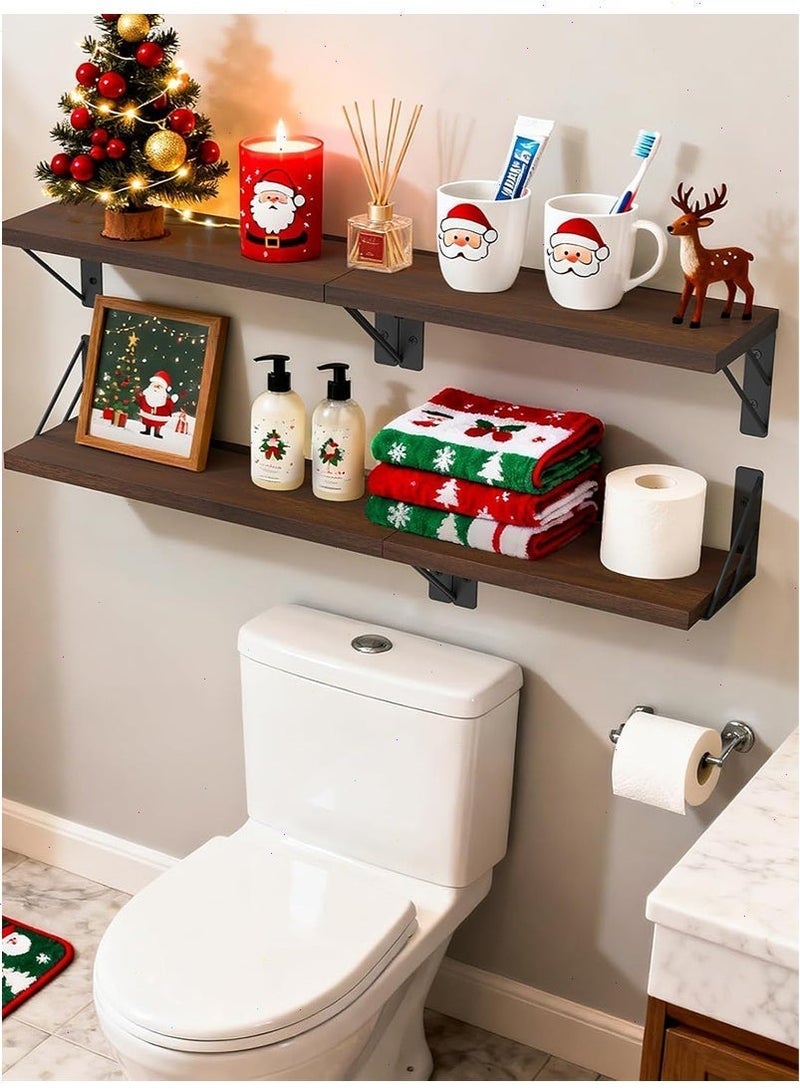 يواوليتي ارفف جدارية,ارفف خشب، 4 رفوف جداريه من الخشب، رف تخزين ريفي مثبت على الحائط للكتب والديكور، عرض ومنظم صغير موفر للمساحة (بني) - Image 3